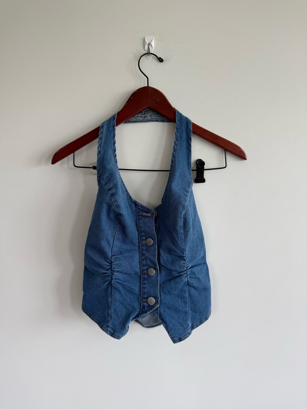 Denim Button-Front Halter Vest - Blue